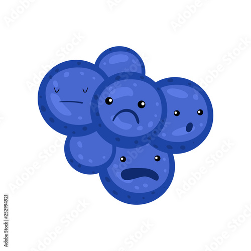 Several round blue bacterium or virus together closeup isolated on white background