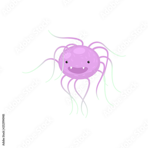 Toothy round pink bacterium with many long antennae closeup isolated on white background