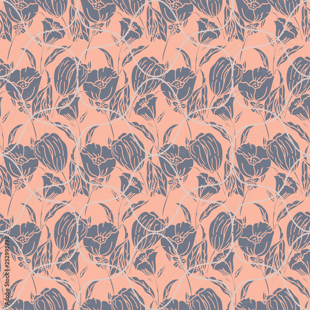 Fototapeta premium Seamless geometric pattern with tulips, poppies, lilies, leaves and ropes.