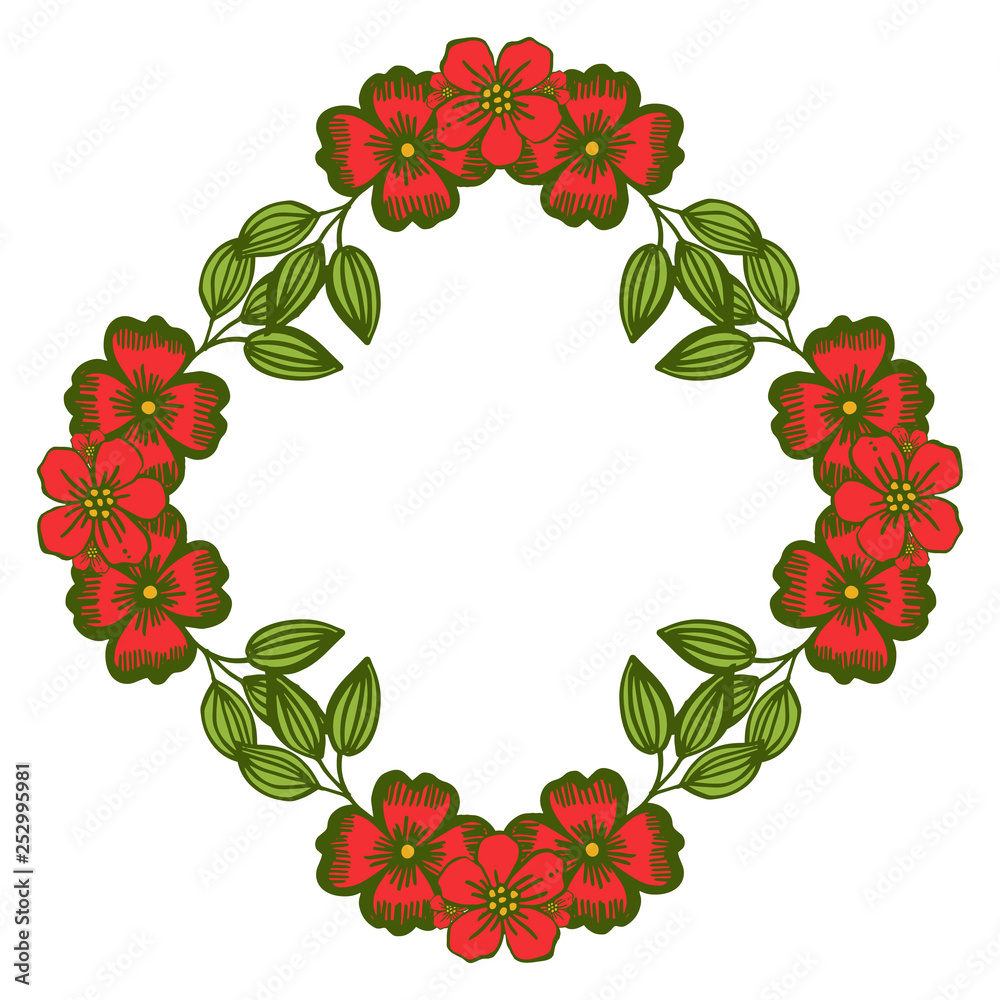 Vector illustration card decor with red wreath frames blooms hand drawn