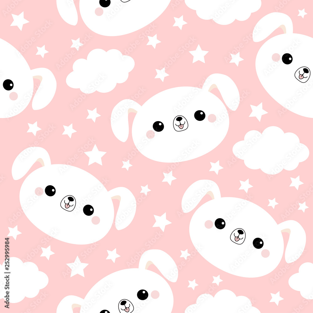 White dog face. Seamless Pattern. Cloud star in the sky. Cute cartoon kawaii funny smiling baby character. Wrapping paper, textile template. Nursery decoration. Pink background. Flat design