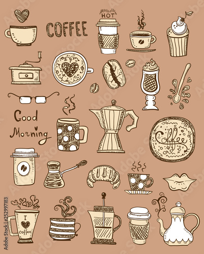 Doodle set of coffee drawings, handmade sketches.