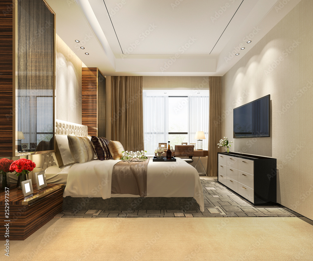 Fototapeta premium 3d rendering beautiful luxury bedroom suite in hotel