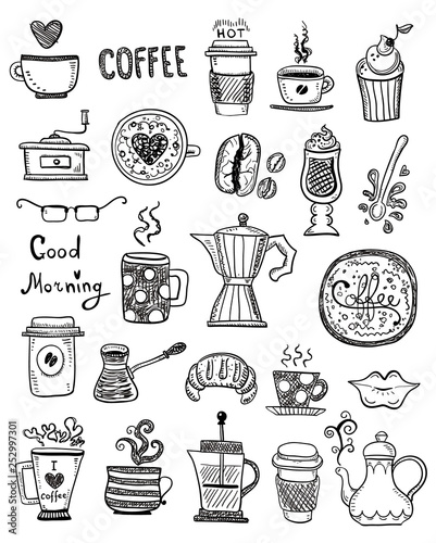 Doodle set of coffee drawings, handmade sketches.