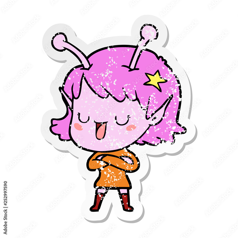 distressed sticker of a happy alien girl cartoon distressed sticker of a happy alien girl cartoon
