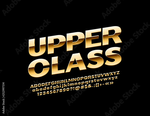 Vector Golden logo Upper Class. Chic glossy Font. Reflective Alphabet Letters, Numbers and Symbols. 