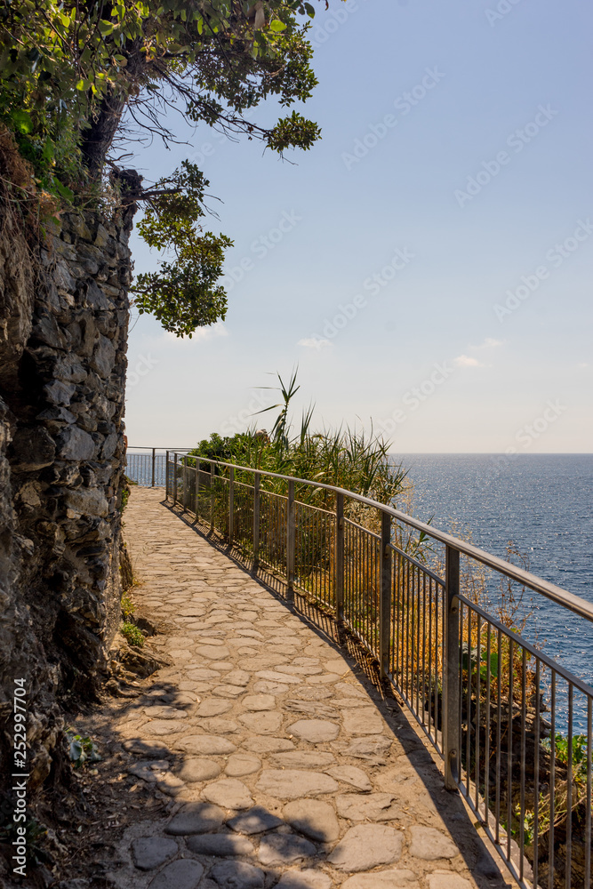 Italy, Cinque Terre, Manarola, a long bridge over a body of water