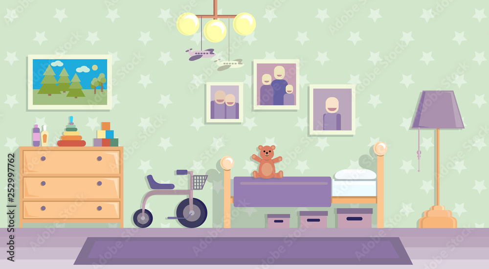 Childrens room in lilac . Vector image in flat design style. Childrens room in lilac . Vector image in flat design style.