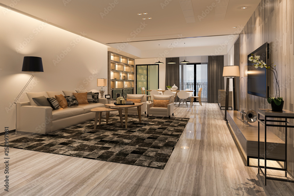3d rendering modern dining room and living room with luxury decor 3d rendering modern dining room and living room with luxury decor