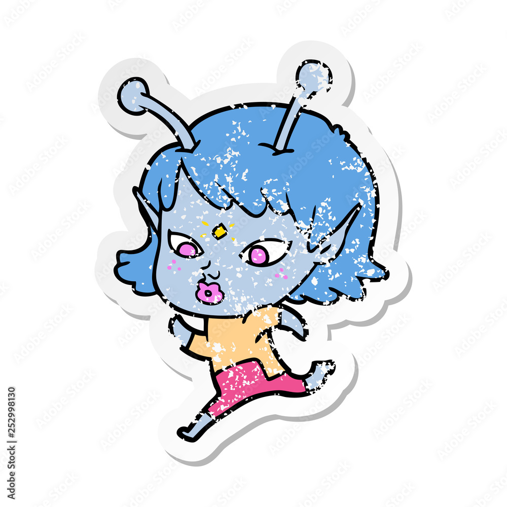 distressed sticker of a pretty cartoon alien girl running distressed sticker of a pretty cartoon alien girl running