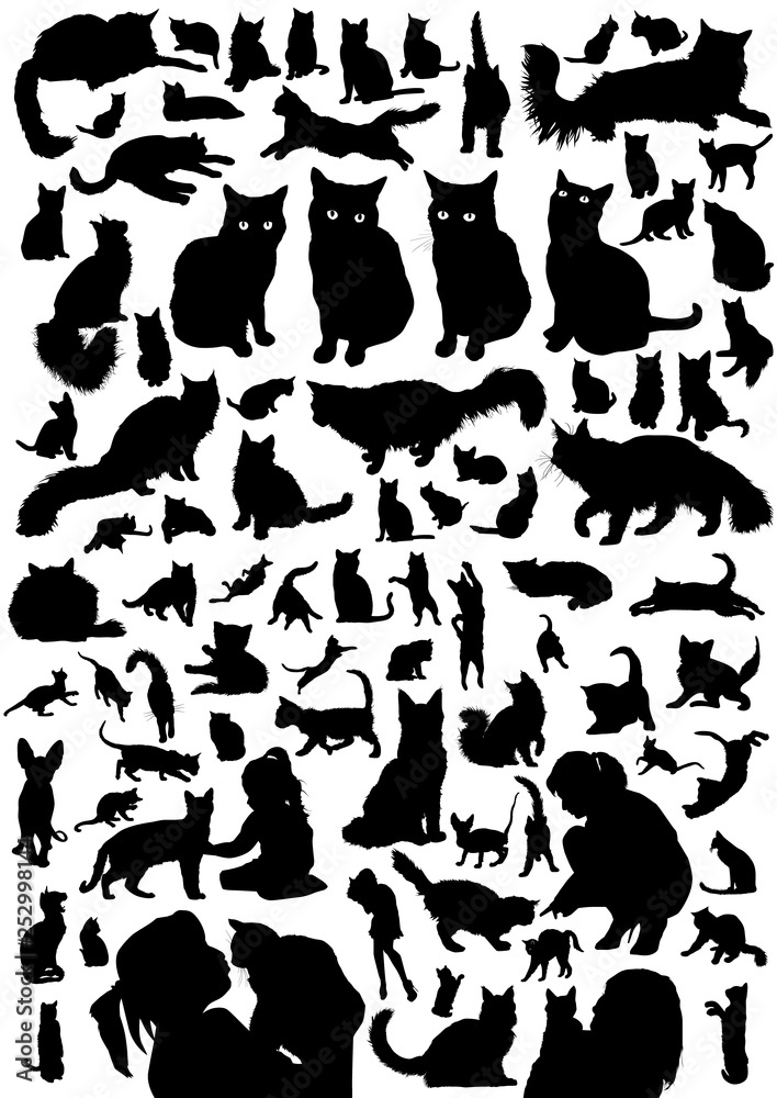 Cat black silhouette set. Vector domestic illustration