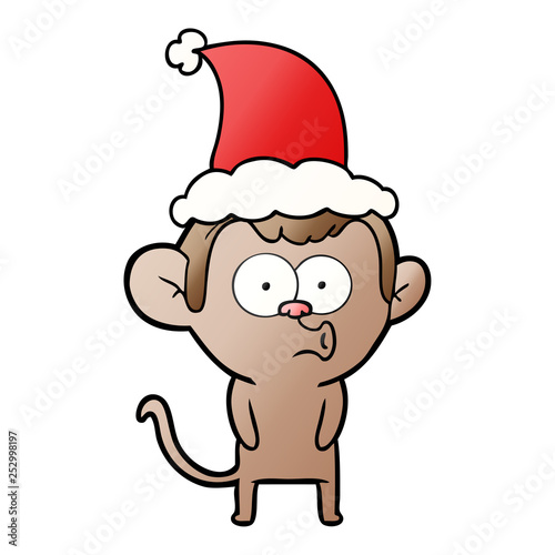 gradient cartoon of a hooting monkey wearing santa hat © lineartestpilot
