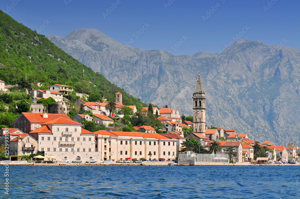 Beautiful landscape with mediterranean town Perast Kotor bay Montenegro.