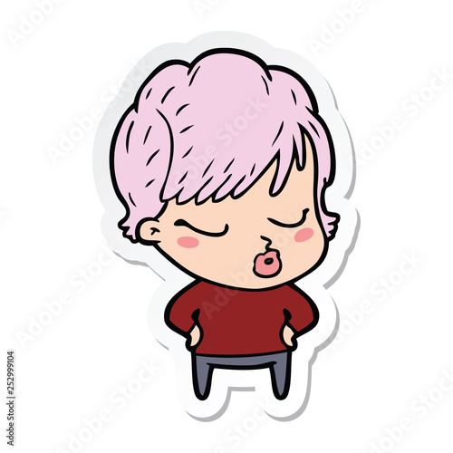 sticker of a cartoon woman with eyes shut