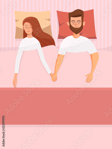 Couple of young people. Man and woman sleeping in the bed. Vector character illustration in a flat style