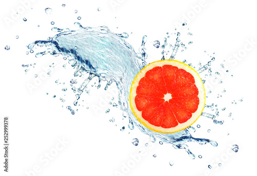 grapefruit splashing water isolated on white