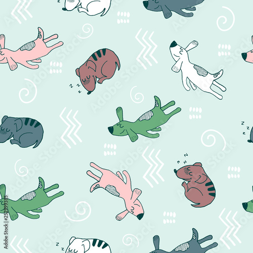 Hand doodle seamless pattern with funny sleeping dogs and abstract elements. Vector textile, wrapping, wallpaper, background. Vector illustration