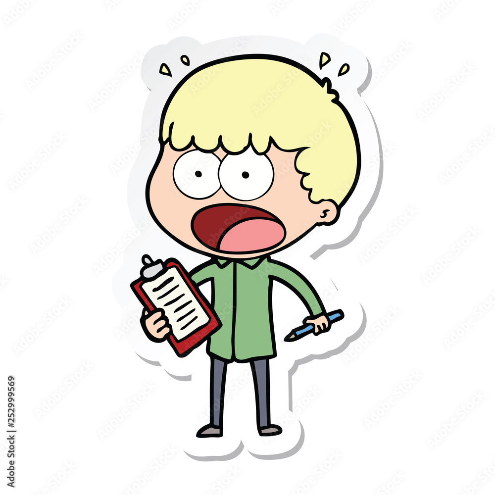 sticker of a cartoon shocked man with clipboard and pen