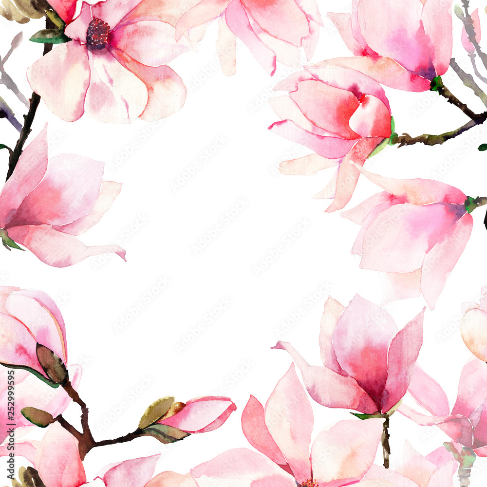 Beautiful lovely tender herbal wonderful floral summer frame of a pink Japanese magnolia flowers watercolor hand illustration. Perfect for textile, wallpapers, invitation, wrapping paper, phone case