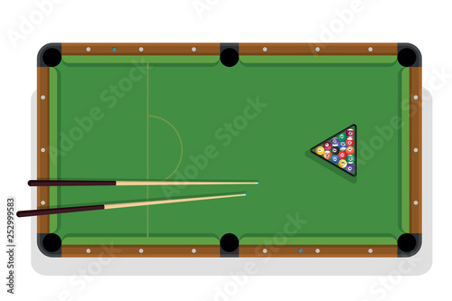 Billiard table, pool stick and billiard balls for game. Pool table with triangle, balls and cua top view.