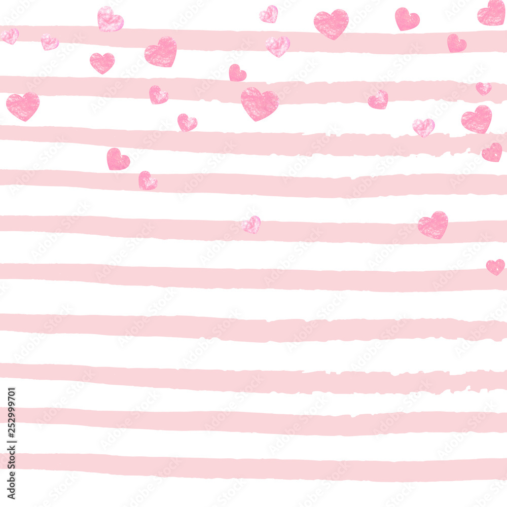 Pink glitter hearts confetti on white stripes. Shiny falling sequins with shimmer and sparkles. Design with pink glitter hearts for party invitation, banner, greeting card, bridal shower. Pink glitter hearts confetti on white stripes. Shiny falling sequins with shimmer and sparkles. Design with pink glitter hearts for party invitation, banner, greeting card, bridal shower.