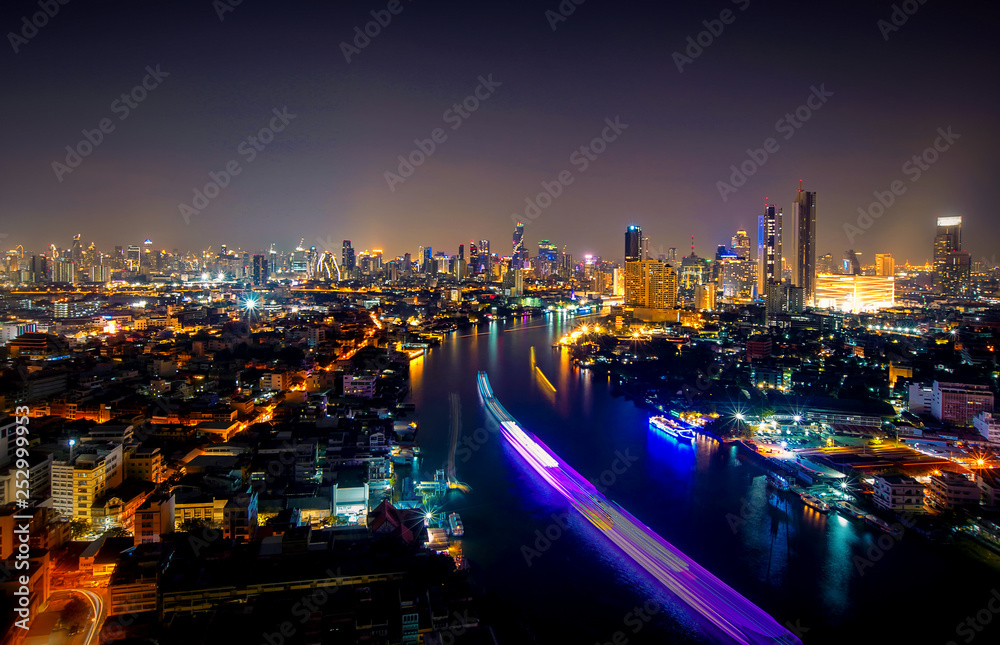 Bangkok cityscape, Bangkok night view in the business location. Thailand night. Panorama of Chao Praya River in Bangkok, Thailand - Jan 7, 2019 Bangkok cityscape, Bangkok night view in the business location. Thailand night. Panorama of Chao Praya River in Bangkok, Thailand - Jan 7, 2019