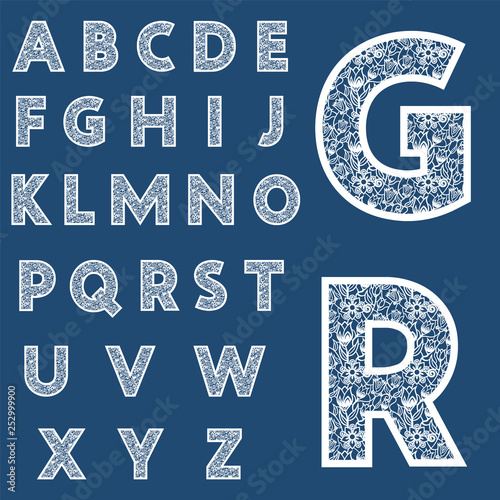 Templates for cutting out letters. Full English alphabet.  May be used for laser cutting. Fancy lace letters. Flower ornament.