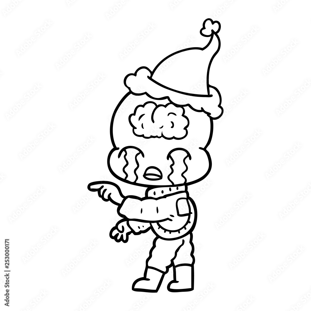 line drawing of a big brain alien crying and pointing wearing santa hat line drawing of a big brain alien crying and pointing wearing santa hat