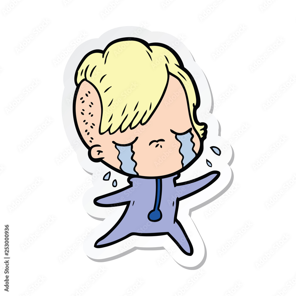 sticker of a cartoon crying girl wearing space clothes sticker of a cartoon crying girl wearing space clothes