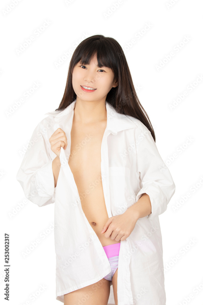 Chinese woman dressed in pink thong isolated on white background Chinese woman dressed in pink thong isolated on white background