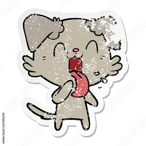 distressed sticker of a cartoon panting dog