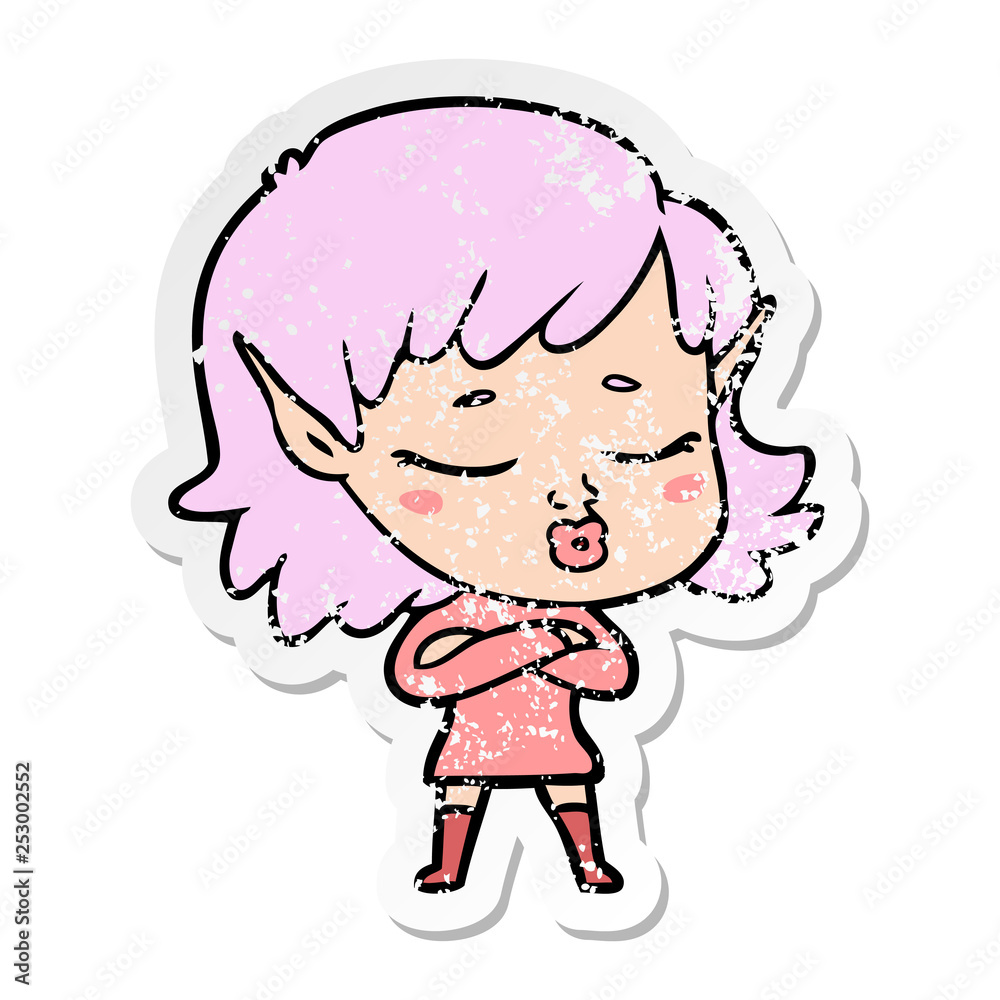 distressed sticker of a pretty cartoon elf girl distressed sticker of a pretty cartoon elf girl