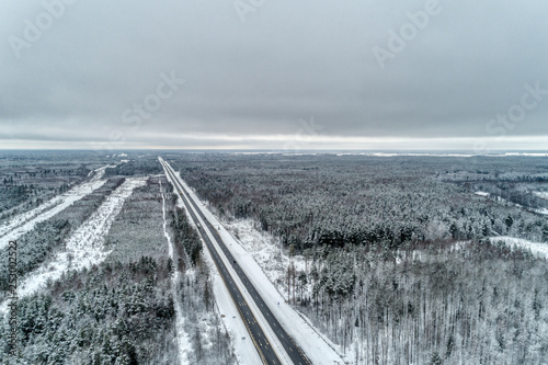 Freeway passing through the winter forest. The road goes away to the horizon line.