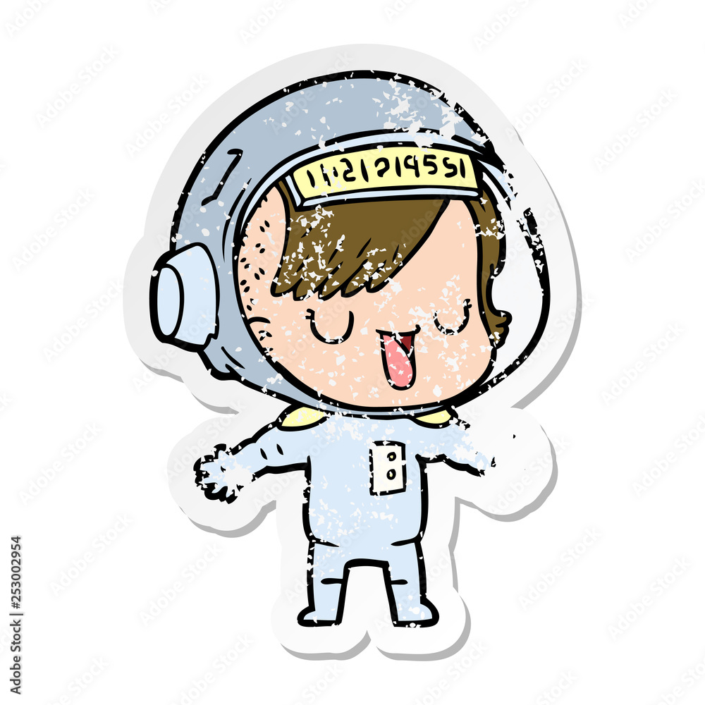 distressed sticker of a cartoon astronaut woman distressed sticker of a cartoon astronaut woman