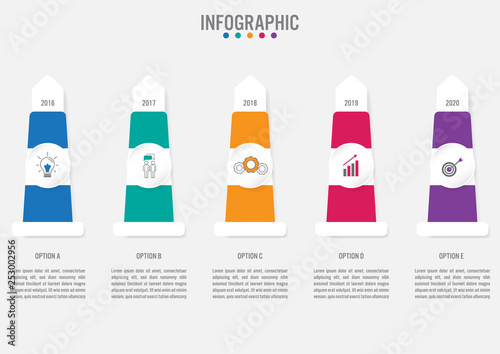 Business infographic labels template with 5 options with lighthouse shape.Creative concept for infographic..