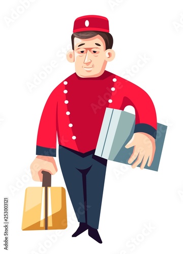 Hotel worker bellboy or porter isolated male character in uniform