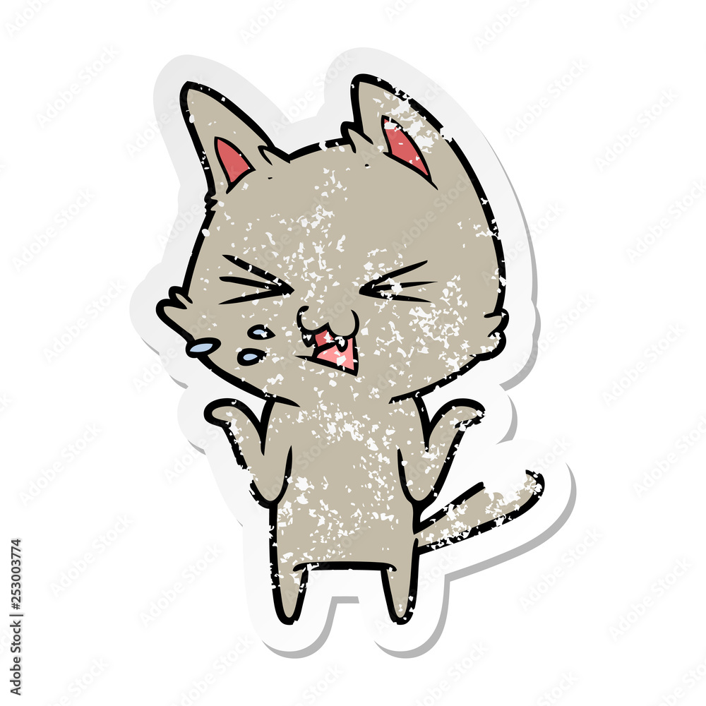 distressed sticker of a cartoon cat hissing distressed sticker of a cartoon cat hissing