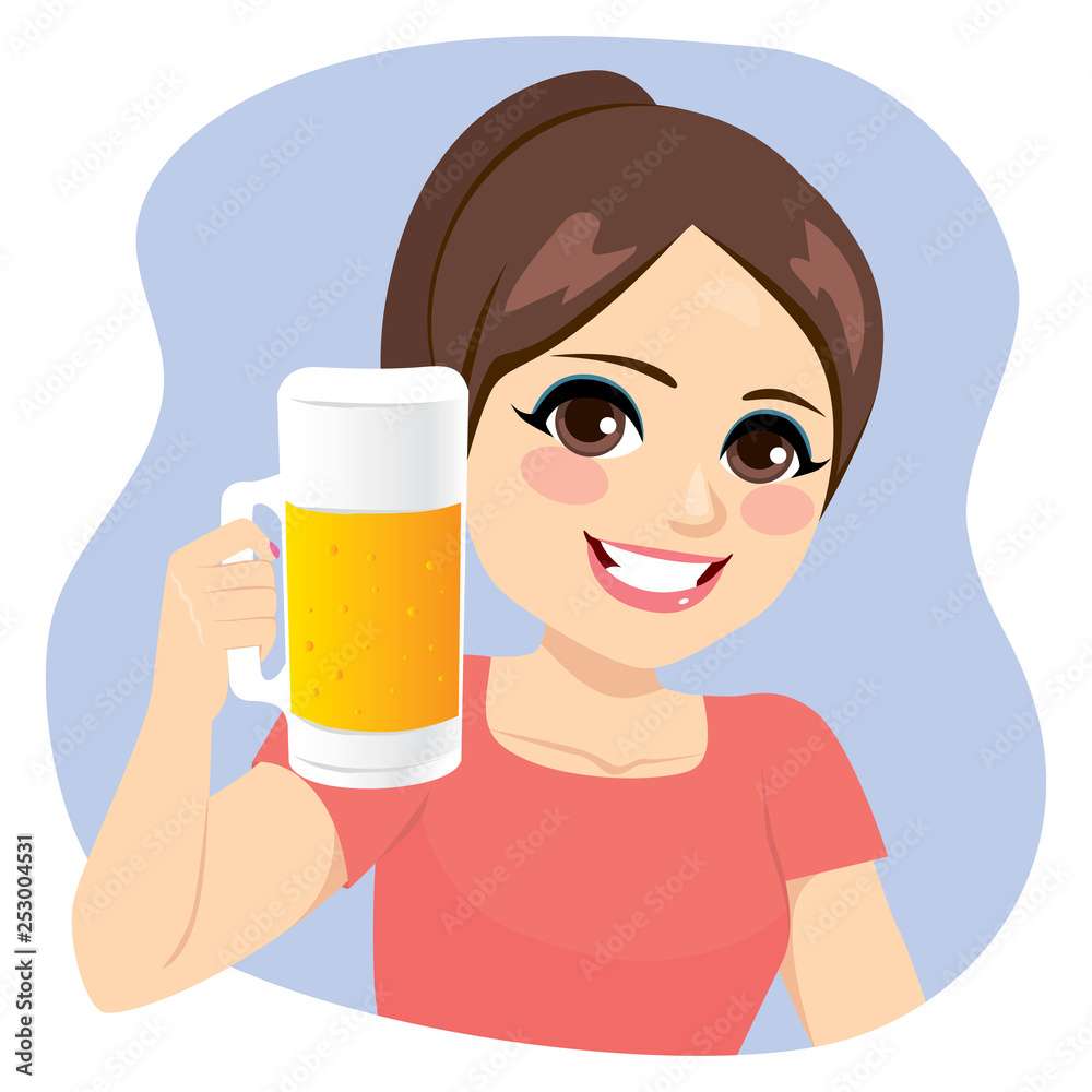 Illustration of young girl smiling holding a beer pitcher cheering Illustration of young girl smiling holding a beer pitcher cheering