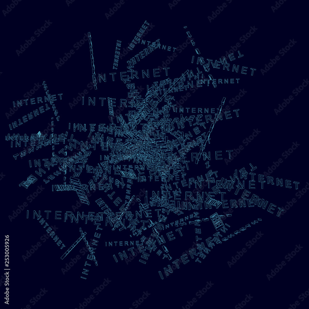 Fototapeta premium Words internet in a heap. Wireframe of the words Internet from blue lines on a dark background. Vector illustration