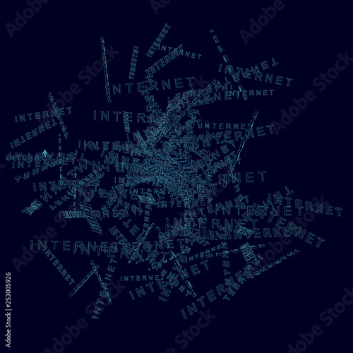 Words internet in a heap. Wireframe of the words Internet from blue lines on a dark background. Vector illustration