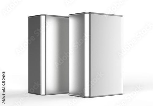  Stainless steel or tin metal shiny silver tin container Isolated on white background for mock up and packaging Design. 3d render illustration. Left Side view