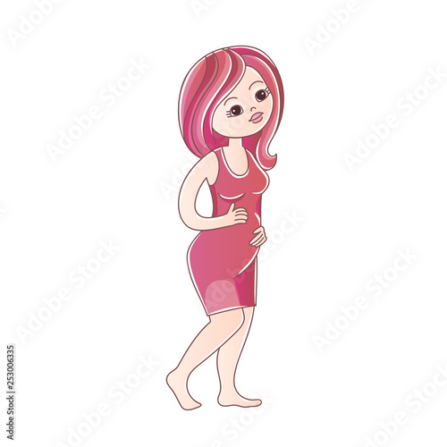 Pregnant woman in pink dress isolated on white. Vector illustration.