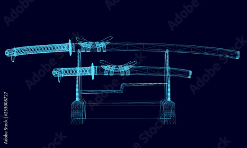 Vector illustration of a katana on a stand. Wireframe katanas on a dark background. 3D Vector illustration