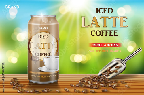 Latte coffee aluminum can with milk and beans ads. 3d illustration of hot arabica coffee package design on wooden table and bokeh background. Vector