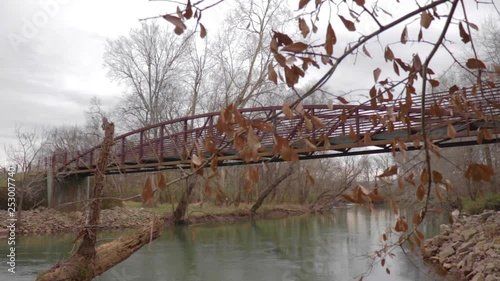 Rusty foot bridge over a river in a forest in autumn