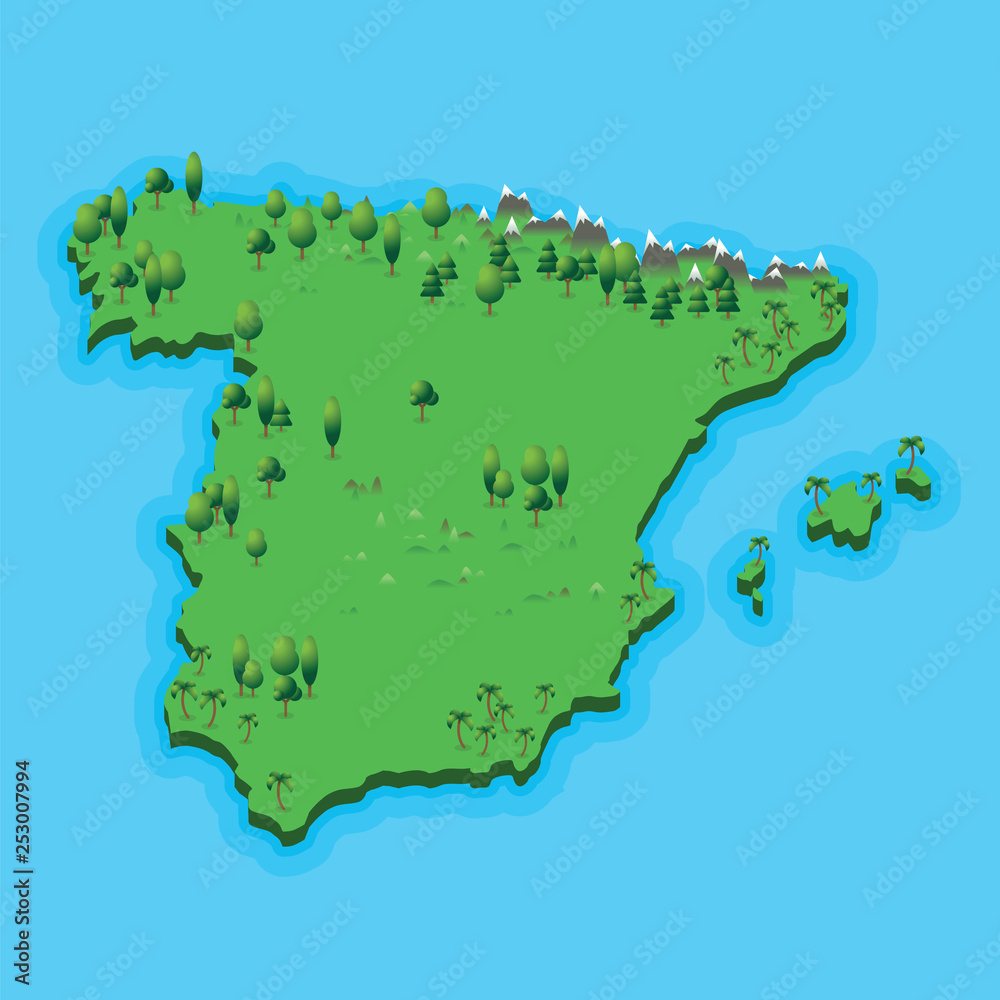 Obraz premium Spain map with geographic landscape on blue sea background. Illustration spanish map with nature landscape and blue sea.