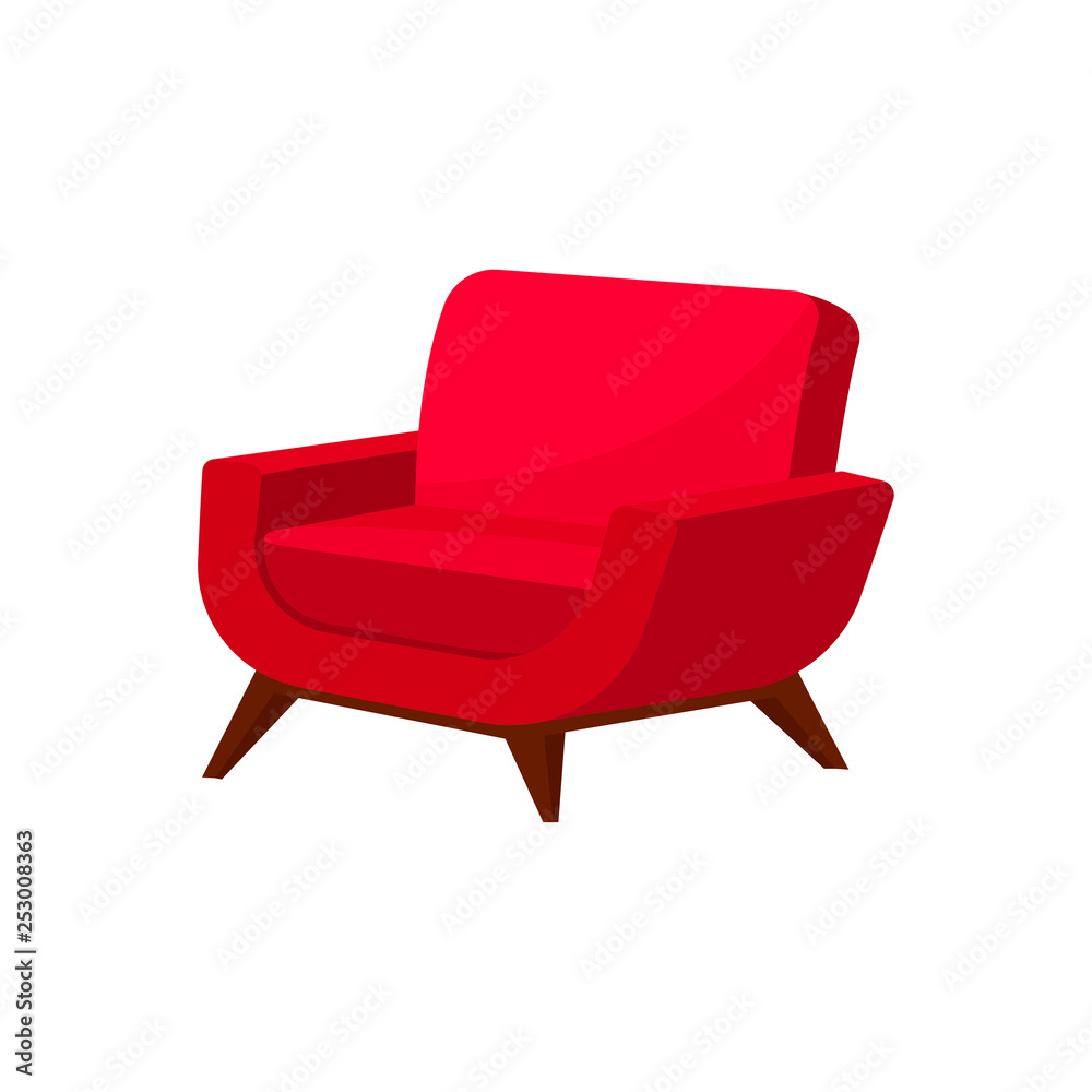 Stylish armchair with bright red upholstery and wooden legs. Furniture for living room. Soft chair. Flat vector icon Stylish armchair with bright red upholstery and wooden legs. Furniture for living room. Soft chair. Flat vector icon