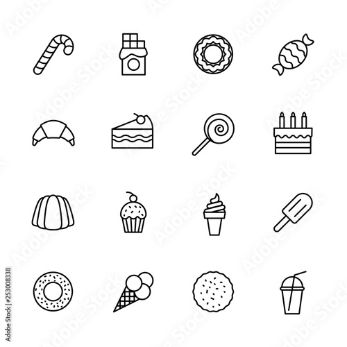 Simple icon set confectionery, pastries and sweets. Contains such symbols lollipop, chocolate bar, candy, donut, croissant, birthday cake, cake slice, ice cream, milk cocktail.