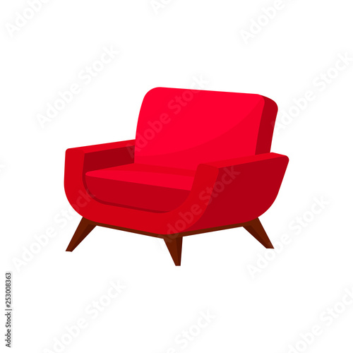 Stylish armchair with bright red upholstery and wooden legs. Furniture for living room. Soft chair. Flat vector icon