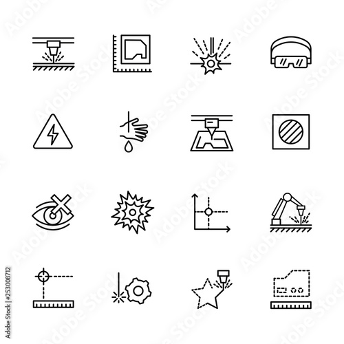 Simple icon set laser cutting and metal processing. Contains such symbols industrial machine, equipment, industrial lasers for metal working on factory.